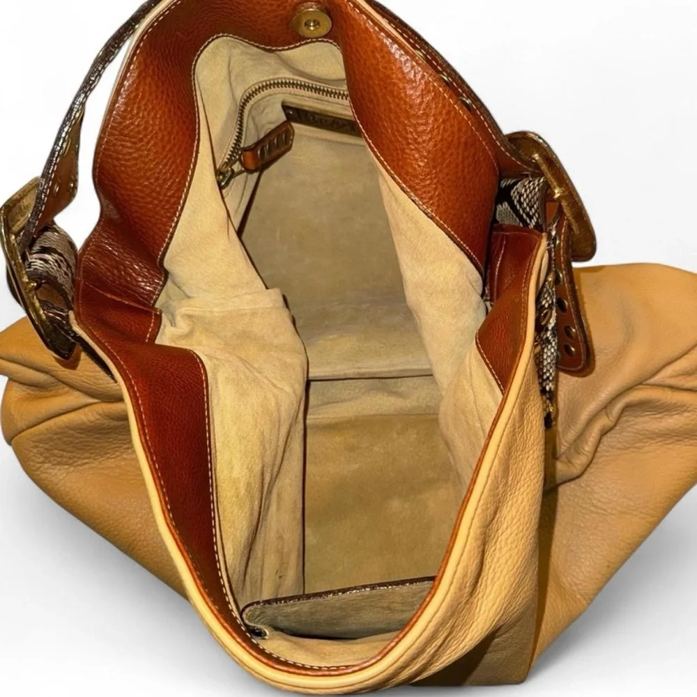 Be & D Crawford Studded Tan Leather Hobo Bag Python Snakeskin Strap